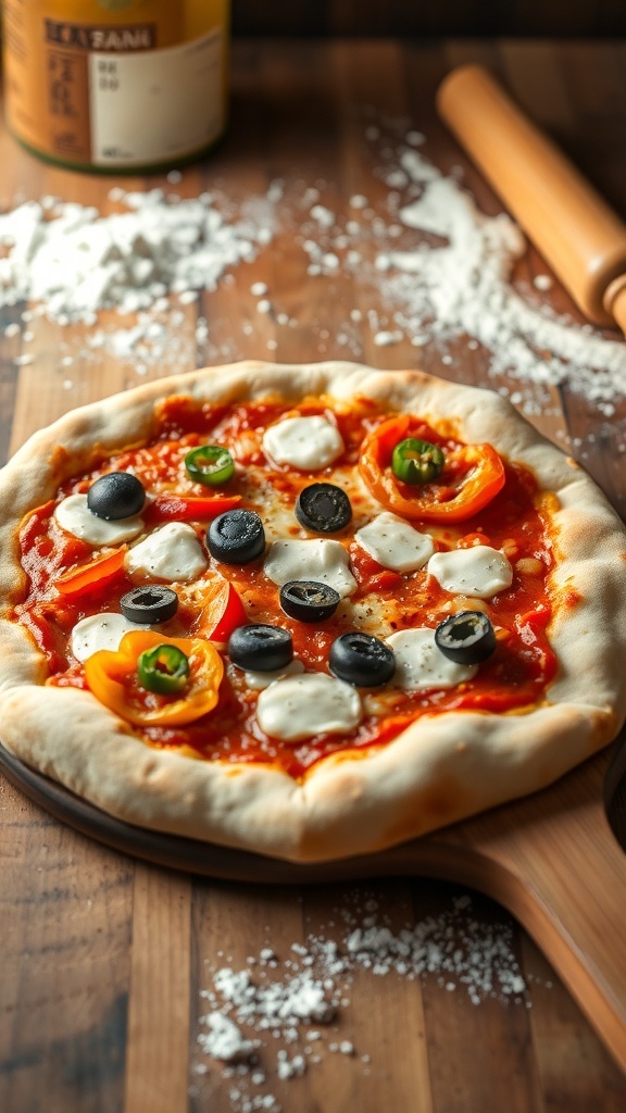 Golden brown pizza crust topped with tomato sauce and cheese on a wooden peel.